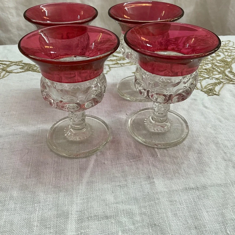 Vintage Cranberry Kings Crown Indiana Glass Cordial Liqueur Glasses Thumbprint 4